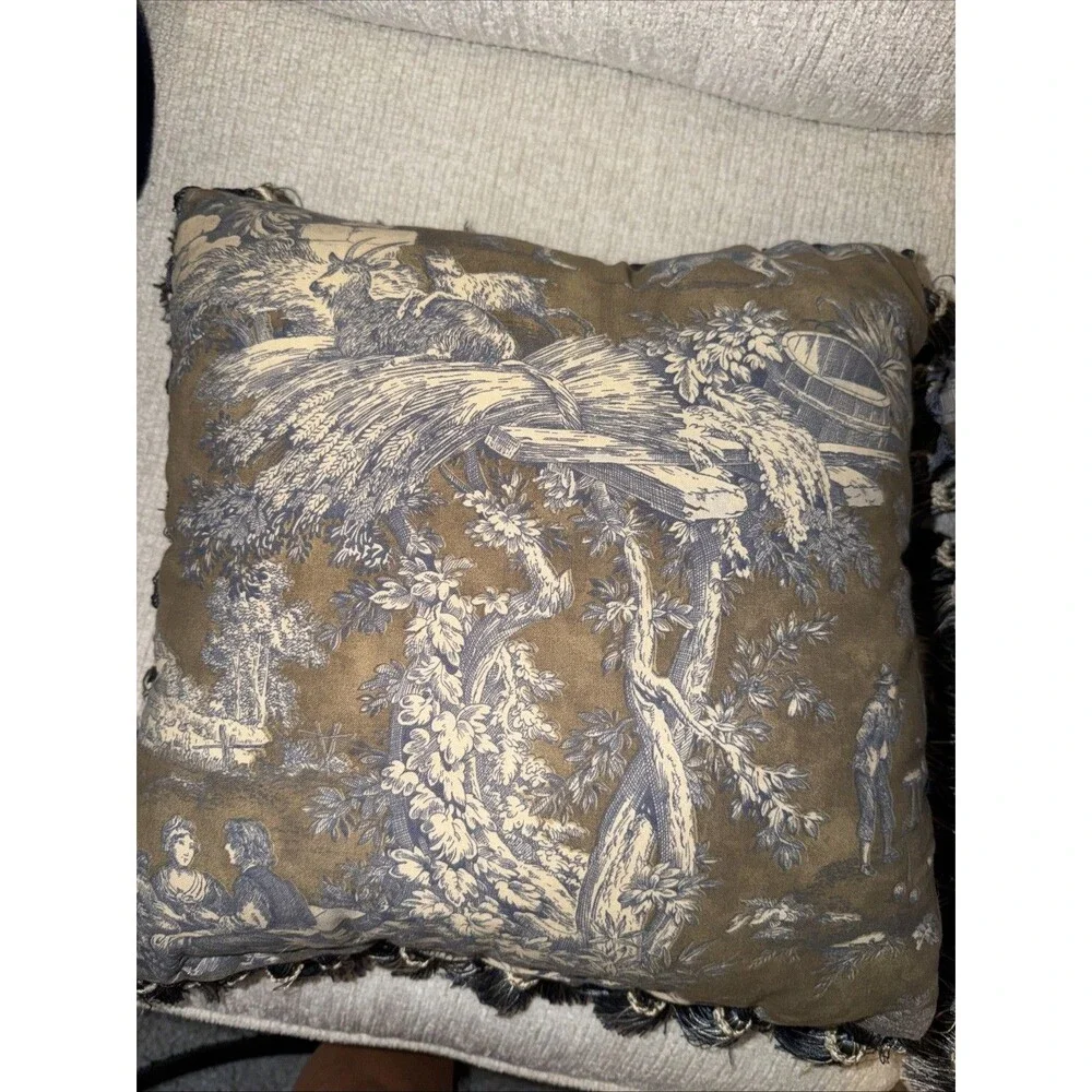 French Country Toile de Jouy Pillows Navy Cream Frill French Country 14x14